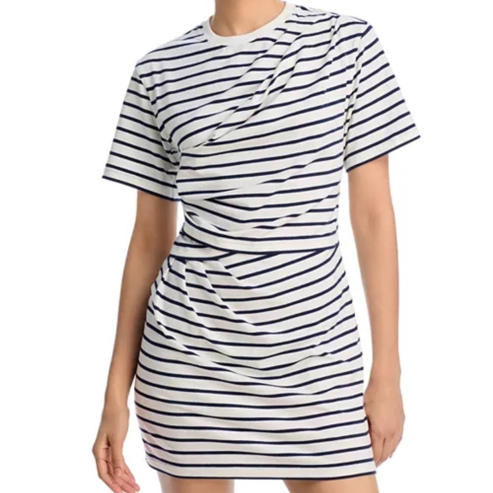 SIMKHAI Womens T-shirt Dress Size L White Blue Striped Ruched Short Sleeve Mini